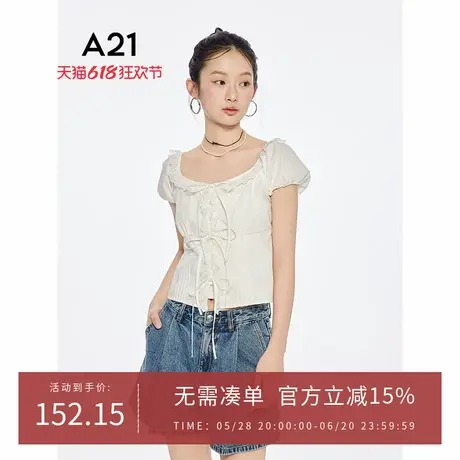 A21女装米白两件套短袖衬衫2025夏新款设计感系带蝴蝶结开衫上衣图片