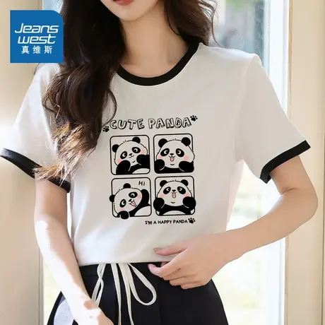 YD真维斯女装2025夏季新款简约可爱熊猫印花百搭时尚针织短袖T恤图片