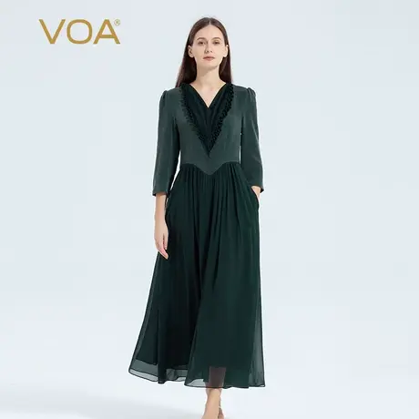 VOA40姆米重磅真丝墨绿V领塔克褶设计木耳花装饰修身七分袖连衣裙图片