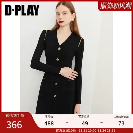 DPLAY黑标秋新优雅经典黑V领修身工金属扣链条中袖针织连衣裙商品大图