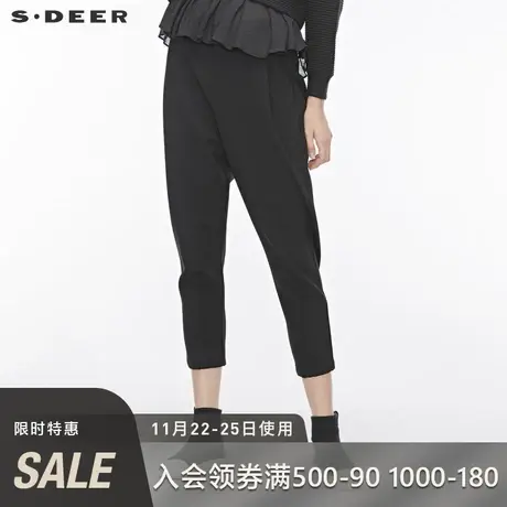 sdeer圣迪奥春夏休闲暗褶插袋拼接黑色九分裤女S19480870图片