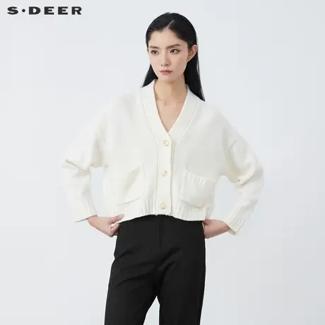 sdeer圣迪奥春装罗纹V领口袋长袖白色针织开衫S21463582图片