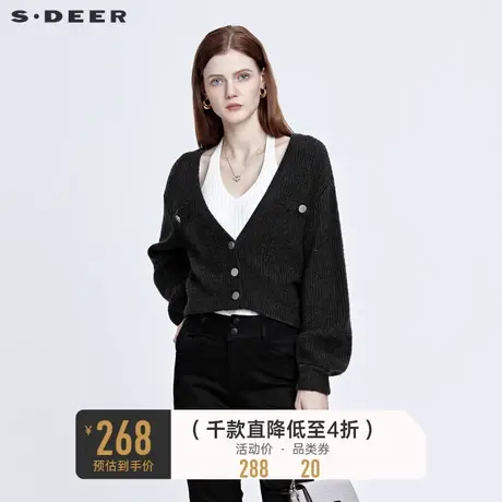 sdeer圣迪奥秋装慵懒V领落肩复古短款针织开衫S22163507图片