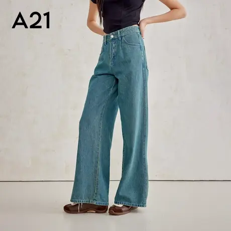 A21女装时髦复古宽松高腰阔腿牛仔裤休闲百搭长裤商品大图