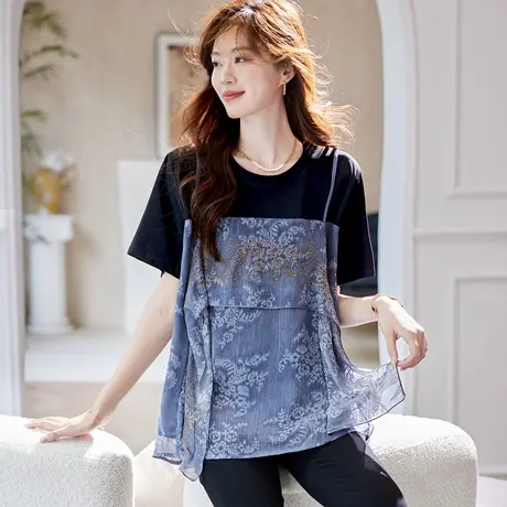 宝诗黎圆领烫钻印花拼接T恤2025夏季时尚减龄百搭气质假两件上衣图片