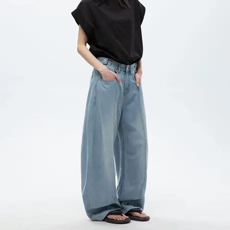 美式复古天丝高腰阔腿牛仔长裤女2025夏季新款宽松显瘦休闲直筒裤商品大图
