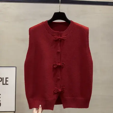 开衫圆领针织马甲背心女2025春秋新款宽松外穿马夹新中式毛衣坎肩商品大图