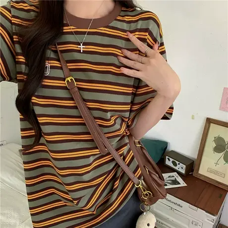 美式复古条纹短袖t恤女夏季高级感欧货宽松休闲百搭显瘦体恤上衣图片