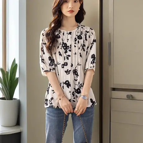 简约气质女士衬衫短袖夏装新款大码女装胖MM圆领印花高级感衬衣图片