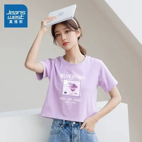 KMV真维斯紫色纯棉短袖女t恤2025夏季新款圆领高级感短款学生上衣商品大图