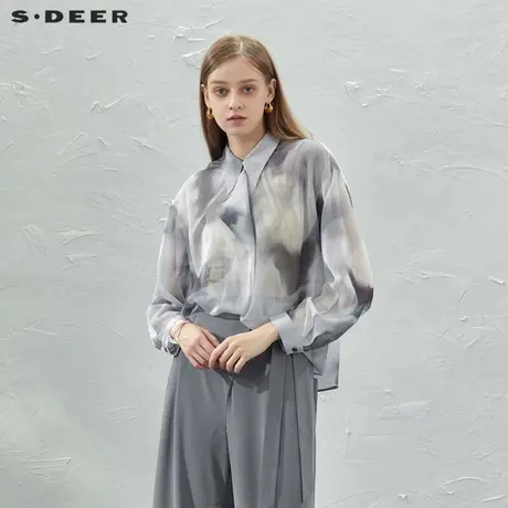 sdeer圣迪奥女装翻领不规则晕染雪纺长袖衬衫S232Z0523图片
