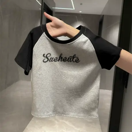 小个子短款插肩短袖T恤女夏修身显瘦打底衫内搭百搭半袖上衣潮ins商品大图