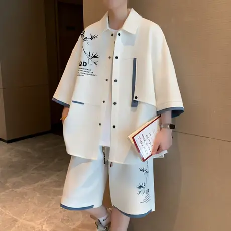 新中式国风套装男夏季薄款休闲衬衫短袖短裤高级感男装搭配一整套商品大图