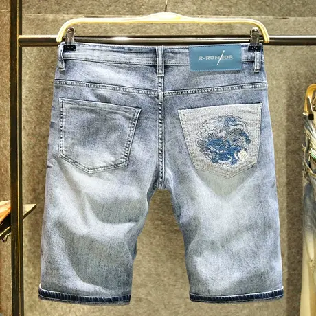 个性潮牌刺绣牛仔短裤男夏季薄款后袋拼接撞色时尚破洞大码五分裤图片