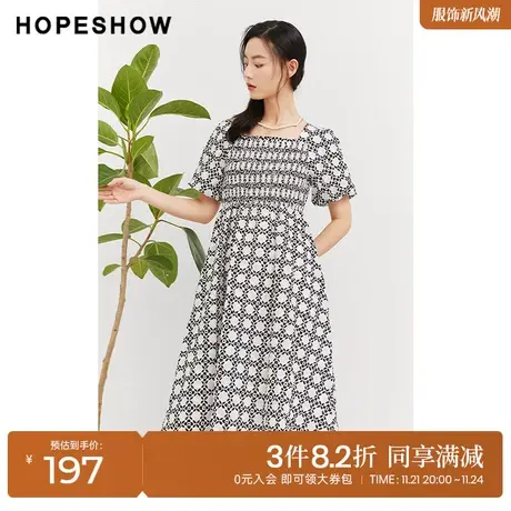 红袖outlets印花打揽连衣裙hopeshow2023秋装新款泡泡袖收腰裙子商品大图