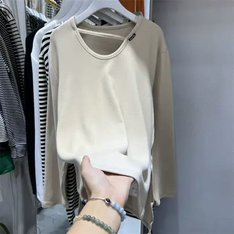 欧货洋气宽松大版双面德绒打底衫女秋冬斜杠T恤内搭下摆开叉上衣商品大图