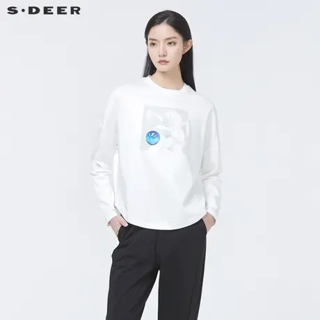 sdeer圣迪奥2022春装新品简约圆领撞色印花落肩袖T恤女S22180216💚商品大图