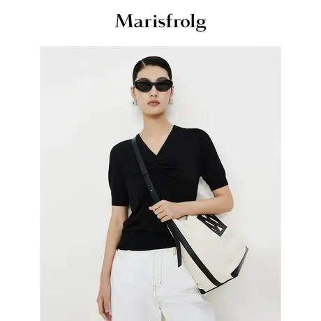 【轻密针织】玛丝菲尔夏季黑色真丝气质修身短袖T恤女图片