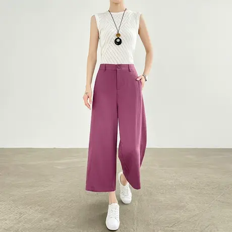 紫色八分九分天丝亚麻阔腿裤女夏季薄款高腰休闲宽松莱赛尔直筒裤图片