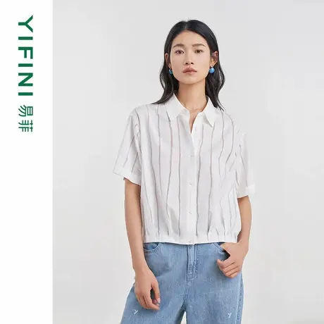[专柜同款]Yifini/易菲手工烧花镂空条纹印花短款衬衫女D04C1003商品大图