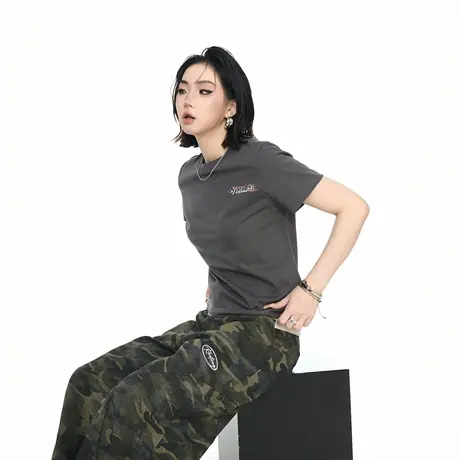 2025新款短款正肩印花短袖T恤女夏季潮牌辣妹美式复古风半袖上衣图片