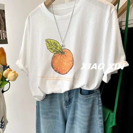 韩国chic 可爱百搭柑橘印花雪花棉短袖T恤女 2025夏季宽松上衣tee图片