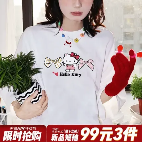 日系甜美风Kitty猫印花白色短袖t恤女2025夏季新款小个子正肩上衣商品大图