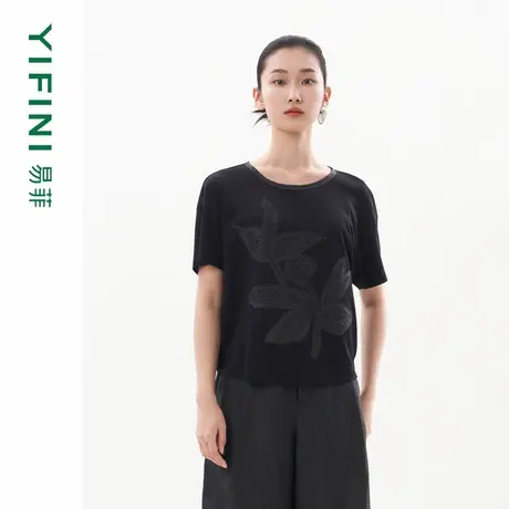 [专柜同款]Yifini/易菲新中式莨绸系列醋酸混纺宽松短款贴布T恤商品大图