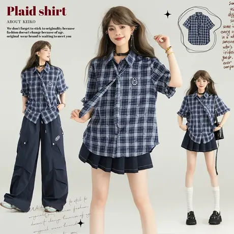 KEIKO 美式学院风格子短袖衬衫女2025夏季松弛感慵懒休闲通勤上衣商品大图