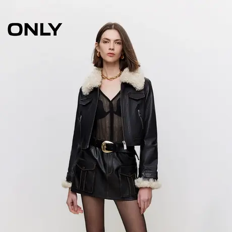 ONLY冬季复古做旧拼接翻领直筒短款皮衣外套女|124428007商品大图