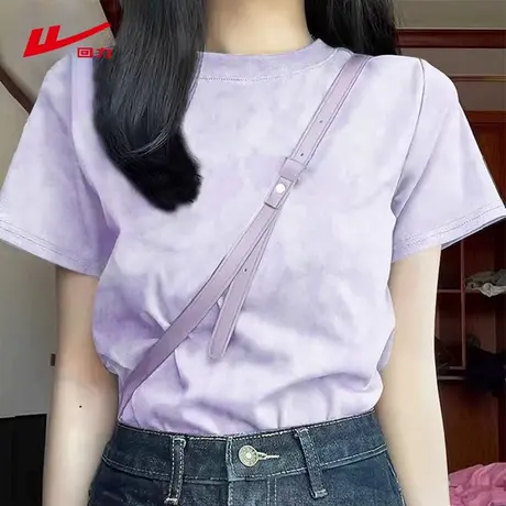 ZH回力紫色扎染短袖女t恤2025新款夏季宽松休闲正肩小个子上衣女商品大图