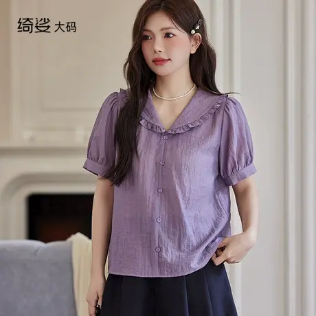 2025夏装新款娃娃领直筒宽松遮肉百搭短袖甜美减龄小衫上衣商品大图