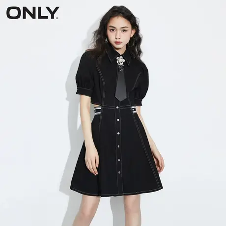 【买5免1】ONLY奥莱春季新款甜美翻领A字短款灯笼袖牛仔连衣裙女商品大图