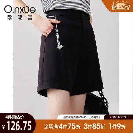 欧昵雪2024夏季新款休闲裤女时尚高腰黑色百搭设计感个性直筒短裤商品大图