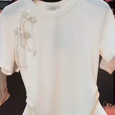 民族风短袖国潮国风气质女装T恤上衣圆领白色修身显瘦体恤衫商品大图