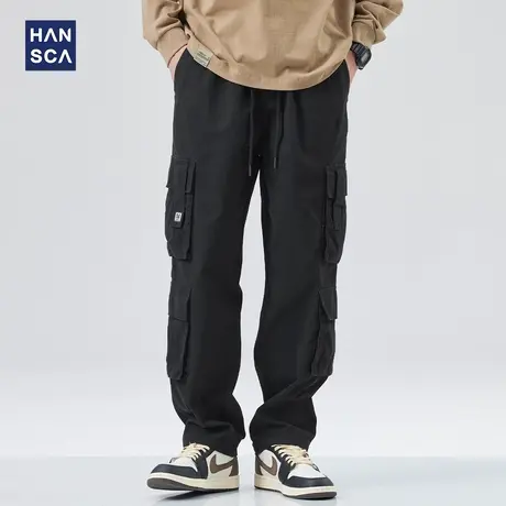 hansca工装裤男春季日系潮牌黑色宽松直筒大口袋高街纯棉休闲长裤商品大图
