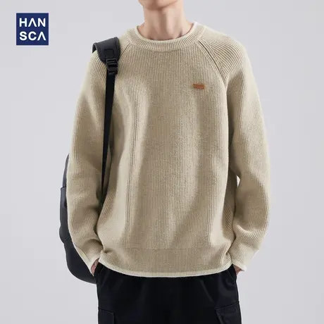 hansca假两件毛衣男2024秋冬圆领宽松休闲内搭慵懒风插肩袖针织衫图片