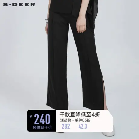 sdeer圣迪奥夏装女时尚休闲松紧系带拼接黑色直筒长裤S21280849图片