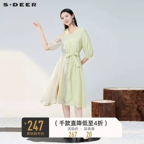 sdeer圣迪奥小众设计连衣裙V领网纱拼接长裙女S223Z124R图片