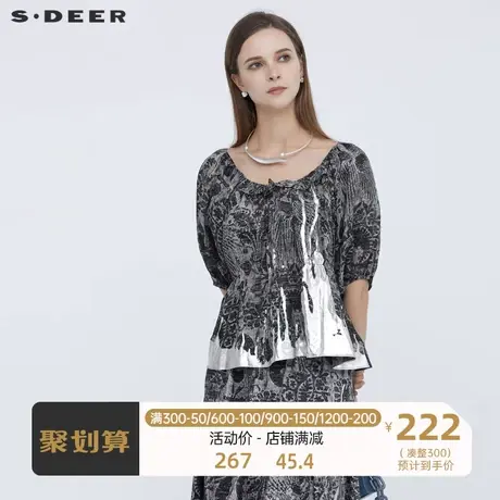 sdeer圣迪奥女装休闲圆领撞色印花短袖衬衫S21280422图片