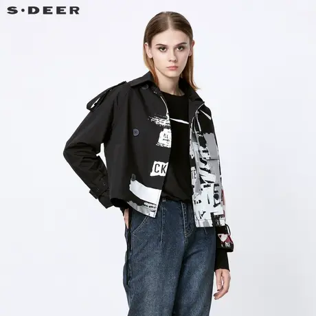 sdeer圣迪奥女装时尚翻领字母胶印双排扣短款外套S21382215图片
