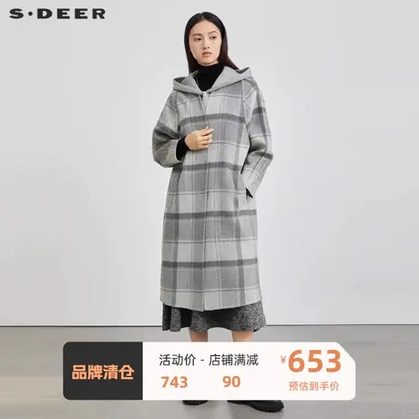 sdeer圣迪奥女装连帽拼接格纹毛呢长款大衣S22482516图片