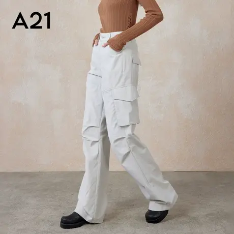 a21女装复古工装裤春秋季纯色简约多口袋宽松磨毛高腰阔腿长裤子商品大图