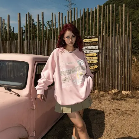 YEP美式复古脏粉色圆领卫衣女春秋2025新款潮牌百搭宽松无帽上衣图片