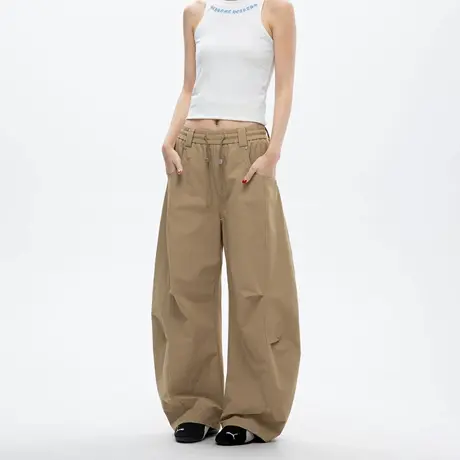 抽褶伞兵直筒阔腿工装裤女2025夏季新款宽松街头风休闲弯刀长裤商品大图