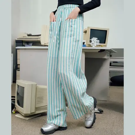 a02薄荷曼波条纹文艺风小个子直筒裤2025春季休闲宽松女式休闲裤商品大图