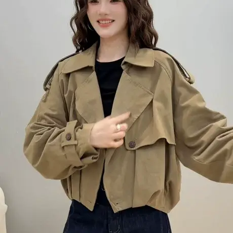 韩国东大门春装2025新款大翻领气质风衣女高级感时尚小个子短外套商品大图