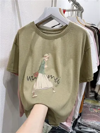 2024夏装新款韩版百搭t恤宽松显瘦女孩印花雪花棉圆领短袖上衣潮商品大图