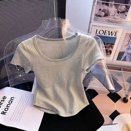 U领正肩条纹短袖T恤女夏季2025新款修身韩版短款小个子半袖上衣潮商品大图