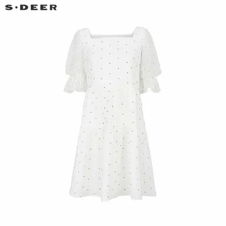 sdeer圣迪奥女装甜美方领波点网纱碎褶连衣裙S222Z12K2商品大图